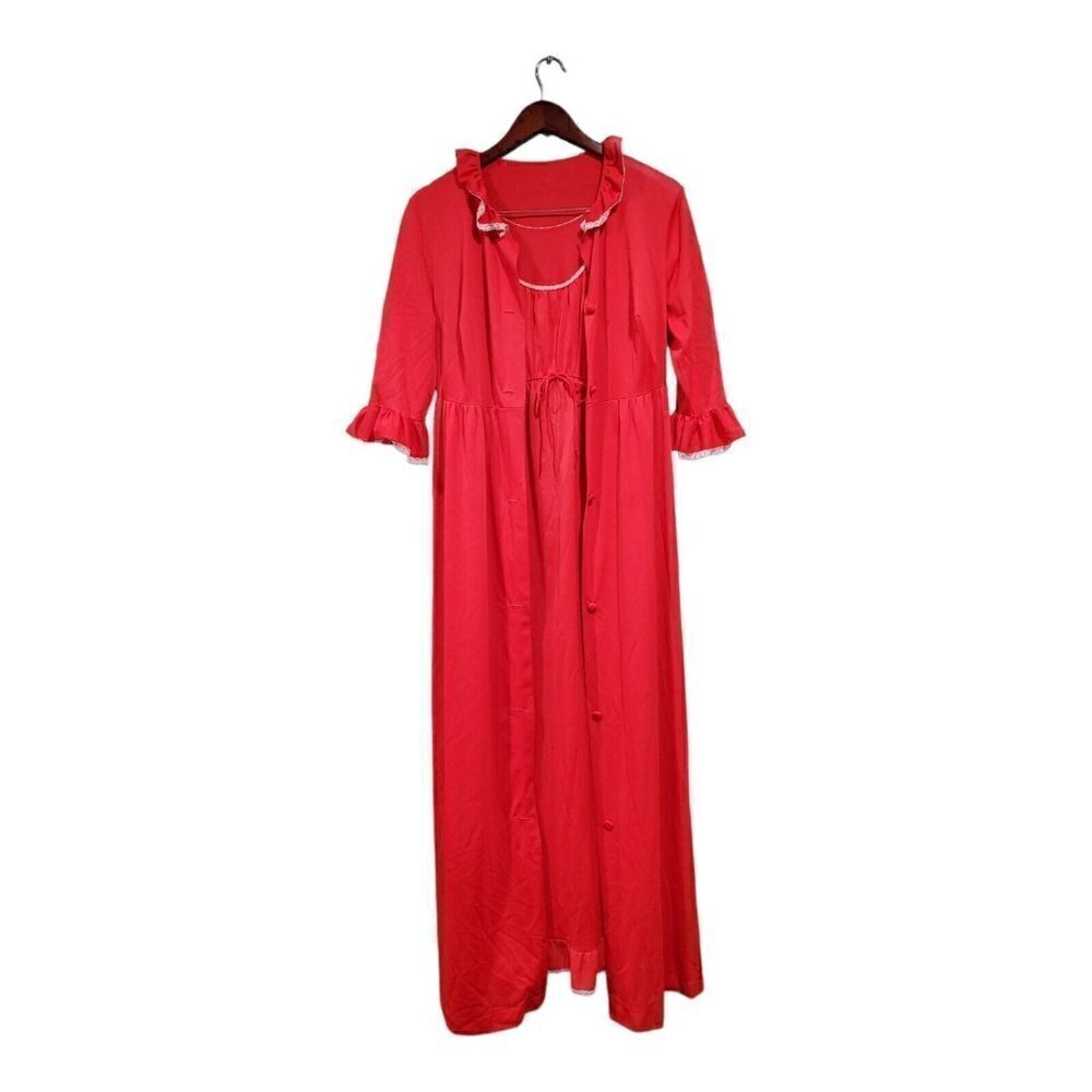 Vintage Lorraine Peignoir Set Red Lace Size Ruffles Long Nightgown and Robe Sz M